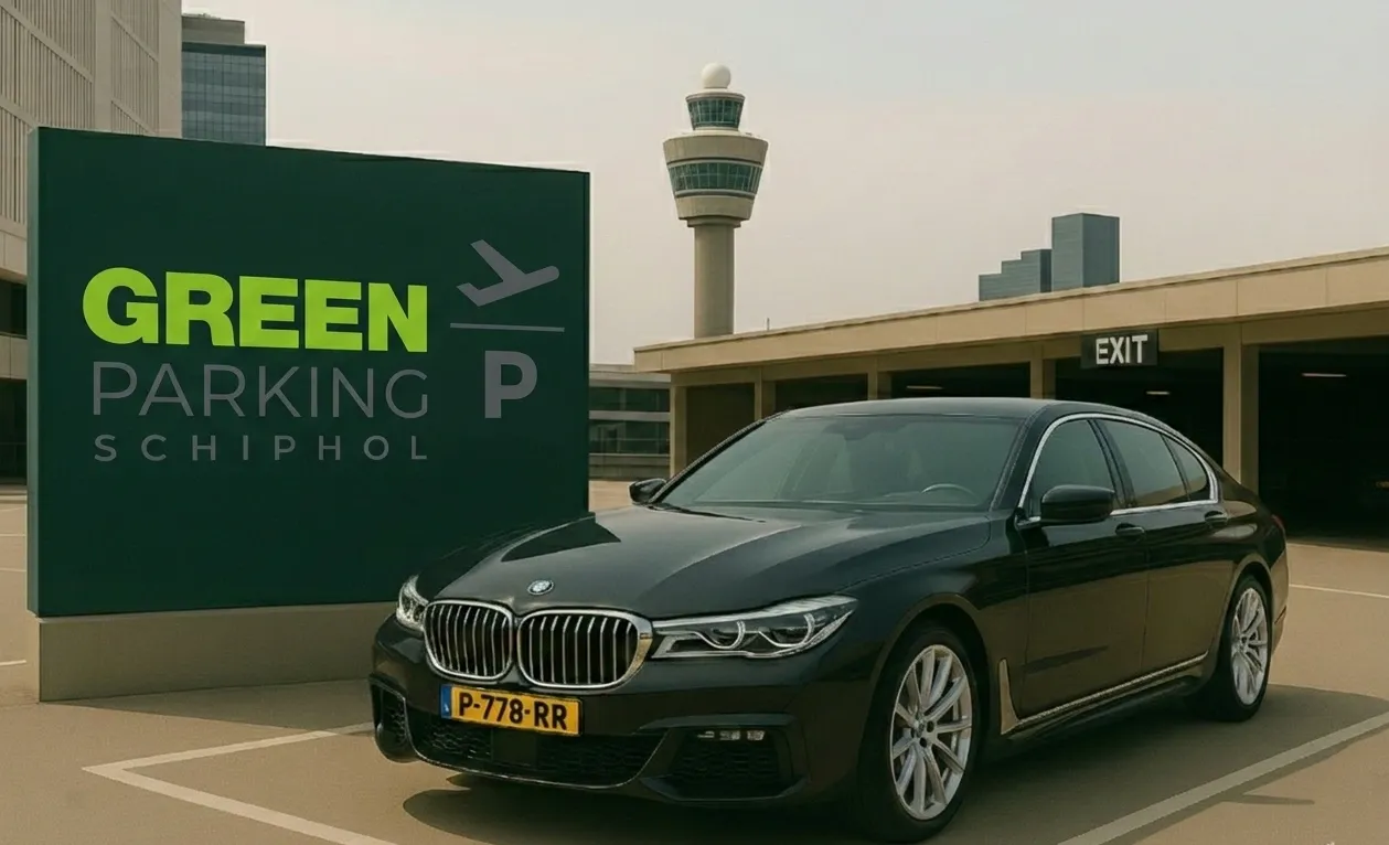 Het beveiligde parkeerterrein van Green Parking Schiphol met moderne shuttlebussen
